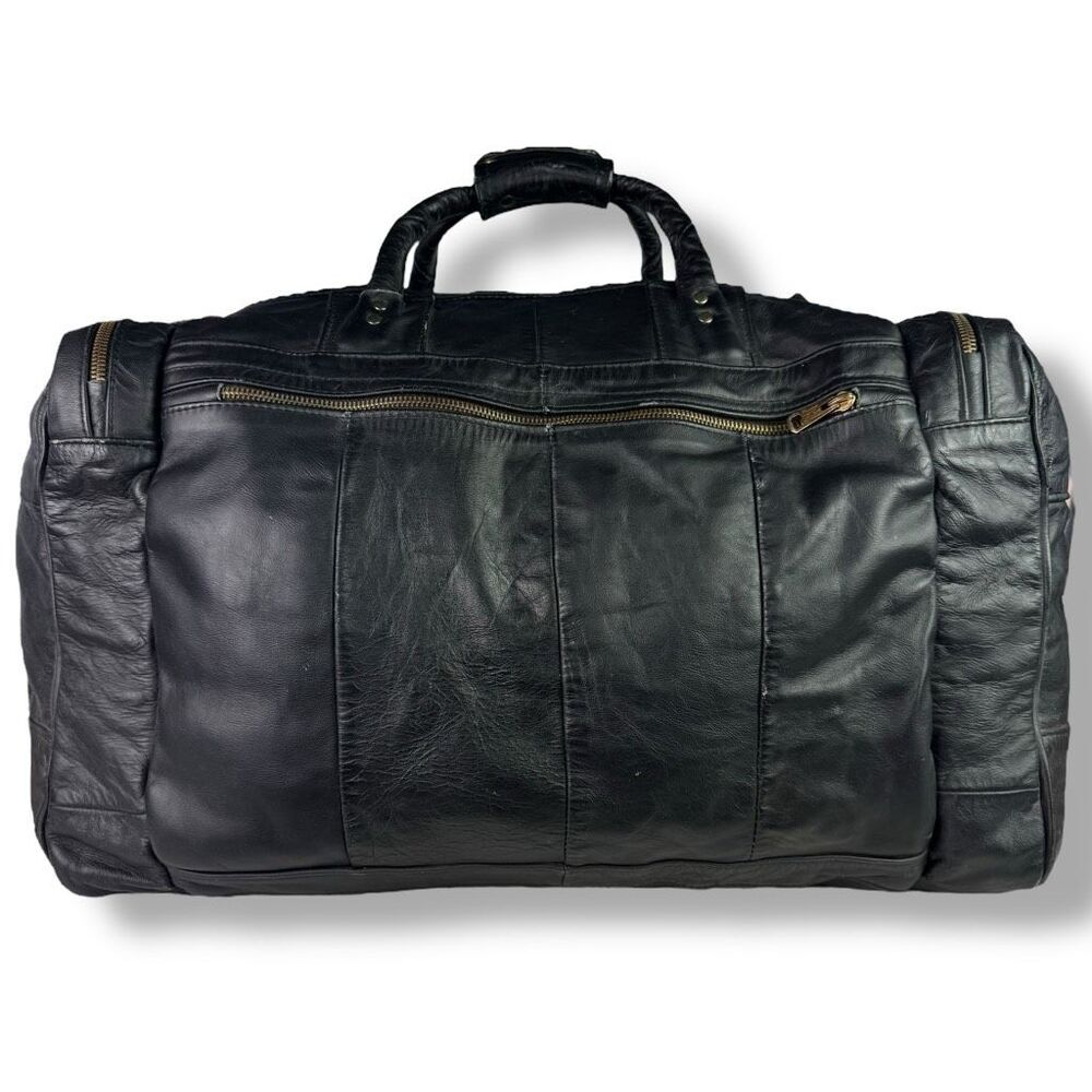 Vintage 80s 90s Y2K Duffel Travel Overnight Bag Weekender Black Leather Denim - Picture 4 of 11